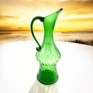 Rare Vintage Blenko Tall 16 IN Emerald Green Glass Jug/Vase with Applied Handle